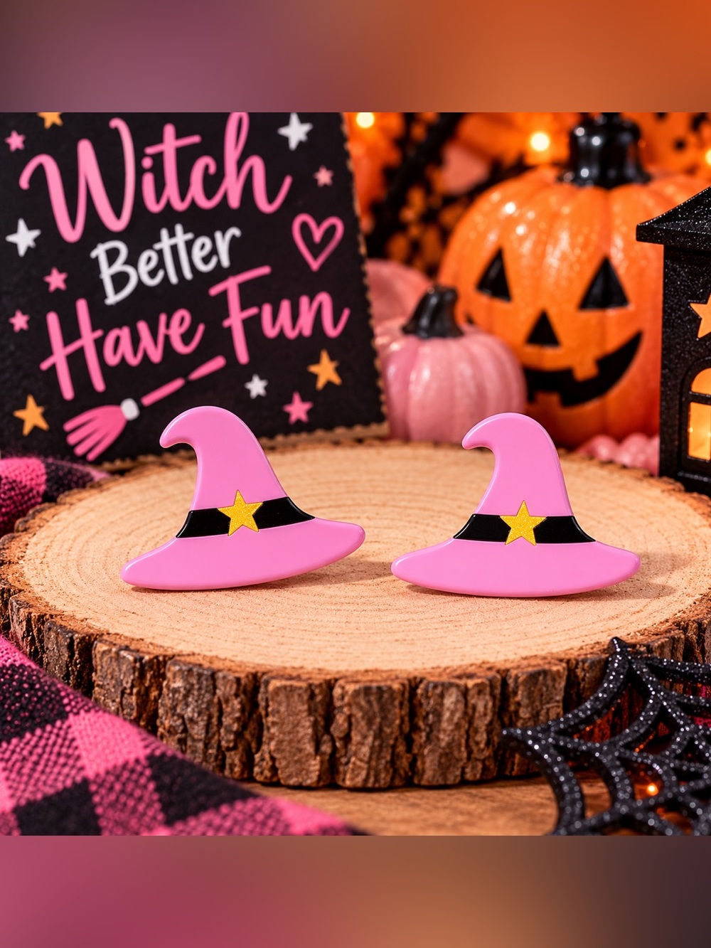 Pink Witch Hat Stud Earrings Spooky Cute Halloween Earrings